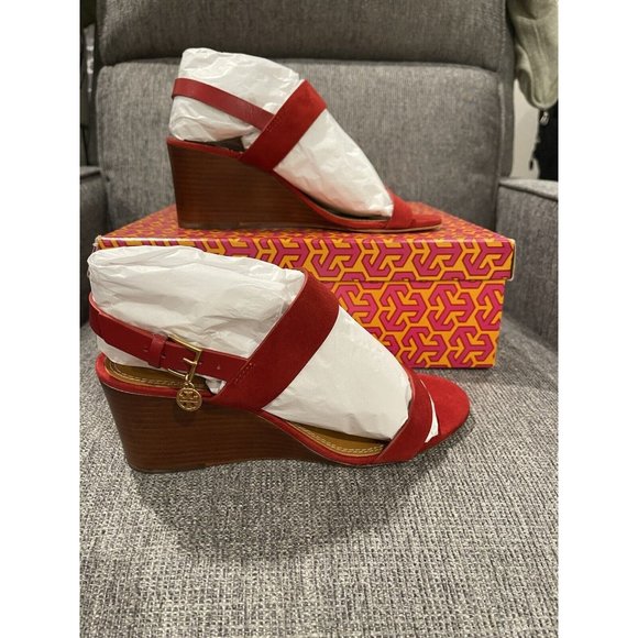 NIB Tory Burch Mini Benton Red Apple Kid Suede Wedge Sandals $298 - Picture 7 of 10